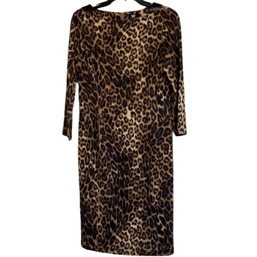 W by Worth 3/4 length sleeve mini dress with black leather accent on shoulders.